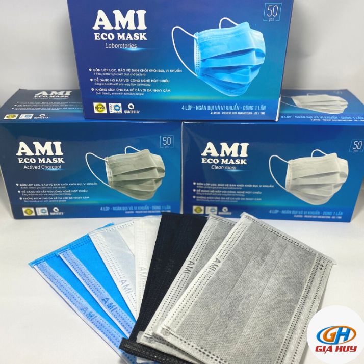 Khẩu trang y tế 4 lớp AMI chính hãng hộp 50 chiếc chống khói bụi, vi khuẩn hiệu quả