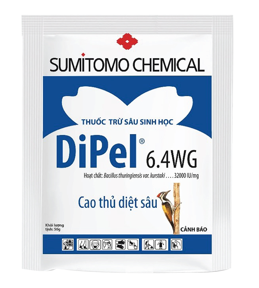 Sản phẩm sinh học diệt côn trùng trên cây trồng Dipel 6.4WG 50gr như: Sâu tơ/Bắp cải, Cải củ, Cải bông, Sâu xanh da láng/Hành, Sâu cuốn lá, Sâu đục thân/Lúa, Sâu đục trái/Bầu bí dưa,...