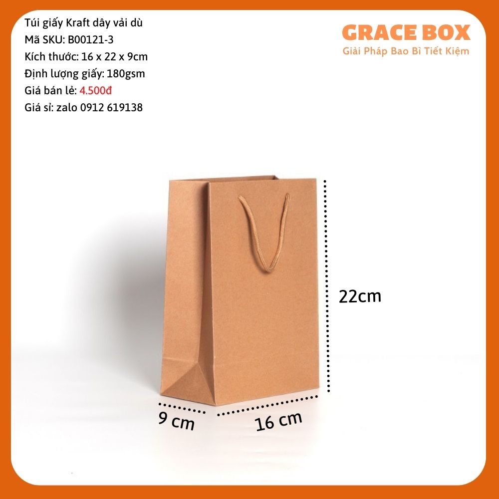 (K.Thước: 16x22x9) Combo 10 Túi Giấy Kraft Quai Vải - Định Lượng Giấy 180 gsm - Công Ty Bao Bì Grace Box