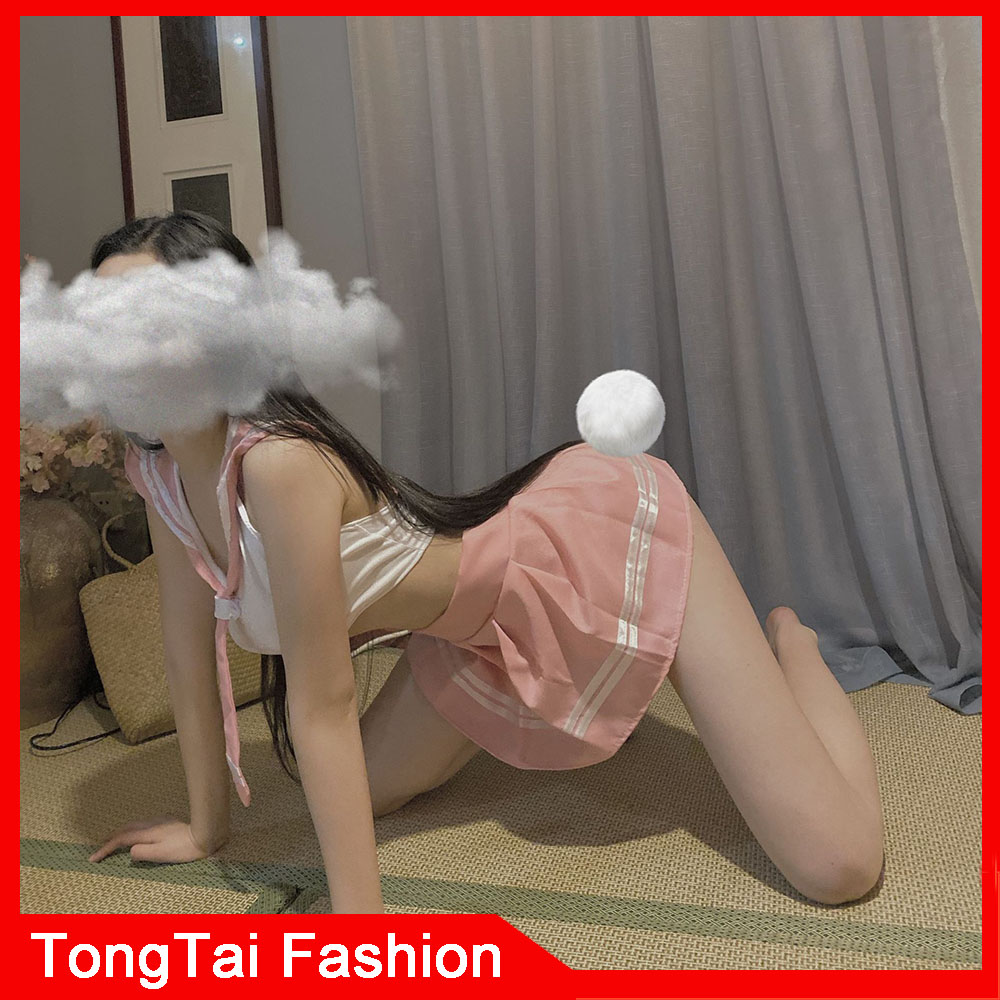 Phụ nữ Sexy Đồ lót trong suốt Học sinh Nhật Bản Cosplay Đồng phục Cám dỗ Set Váy ngắn màu hồng TongTai