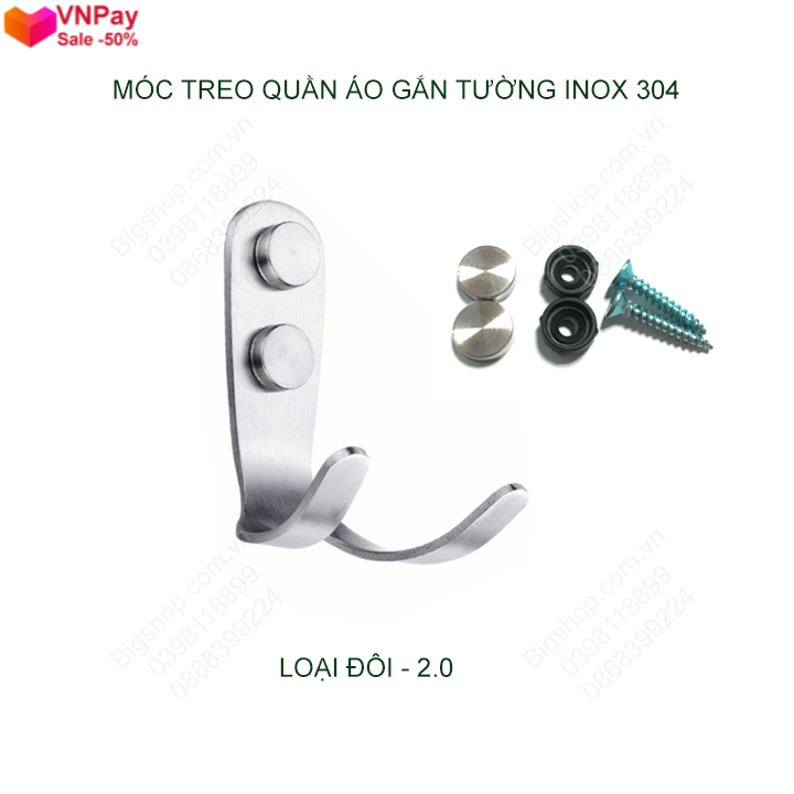 [Sẵn hàng] Móc treo quần áo inox 304-2.0 có nút bịt đầu vít, loại đơn-đôi tùy chọn -VNPay Hà Nội