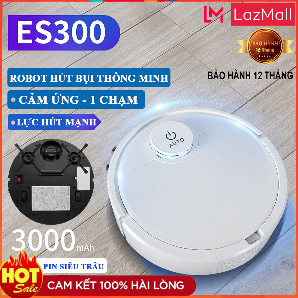 [MPVC- Tặng mã gg 20k ] Robot Hút Bụi Lau Nhà Thông Minh ES300 Cảm Ứng Chạm, Tự Động Đổi Hướng Khi Gặp Vật Cản, Chống Rơi Cầu Thang, Làm Sạch Sàn Nhà.Dung Lượng Pin 3000 Mah Hoạt Động Mạnh Mẽ.