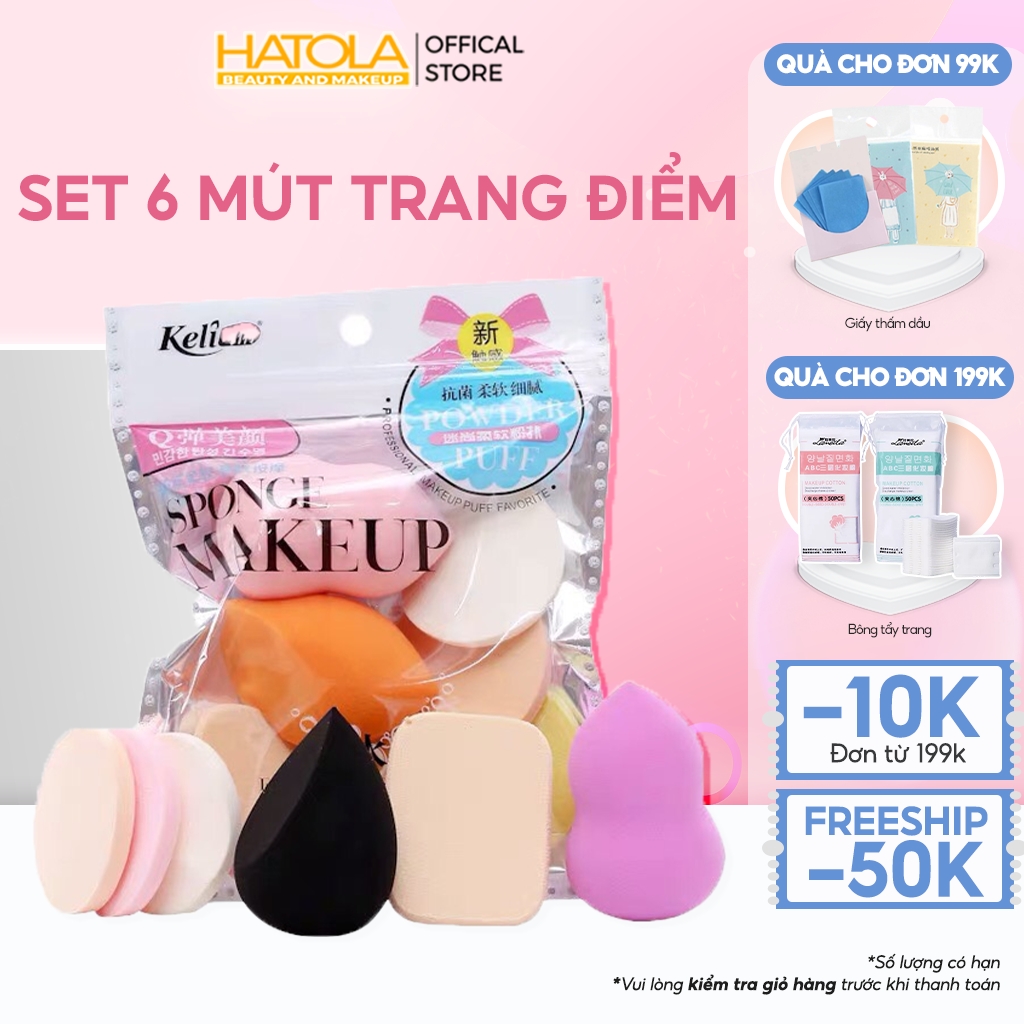 Mút trang điểm (SET 6 mút), Bông tán kem, Mút tán phấn, Miếng mút trang điểm hình trái tim, siêu Cute đẹp mịn đàn hồi cực tốt HTL-MTD 01