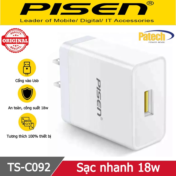 Cốc sạc nhanh qc 3.0 10w/18w/20w pisen patech phân phối bảo hành 18 tháng, sản phẩm tốt với chất lượng và độ bền cao, và được cam kết sản phẩm y như hình