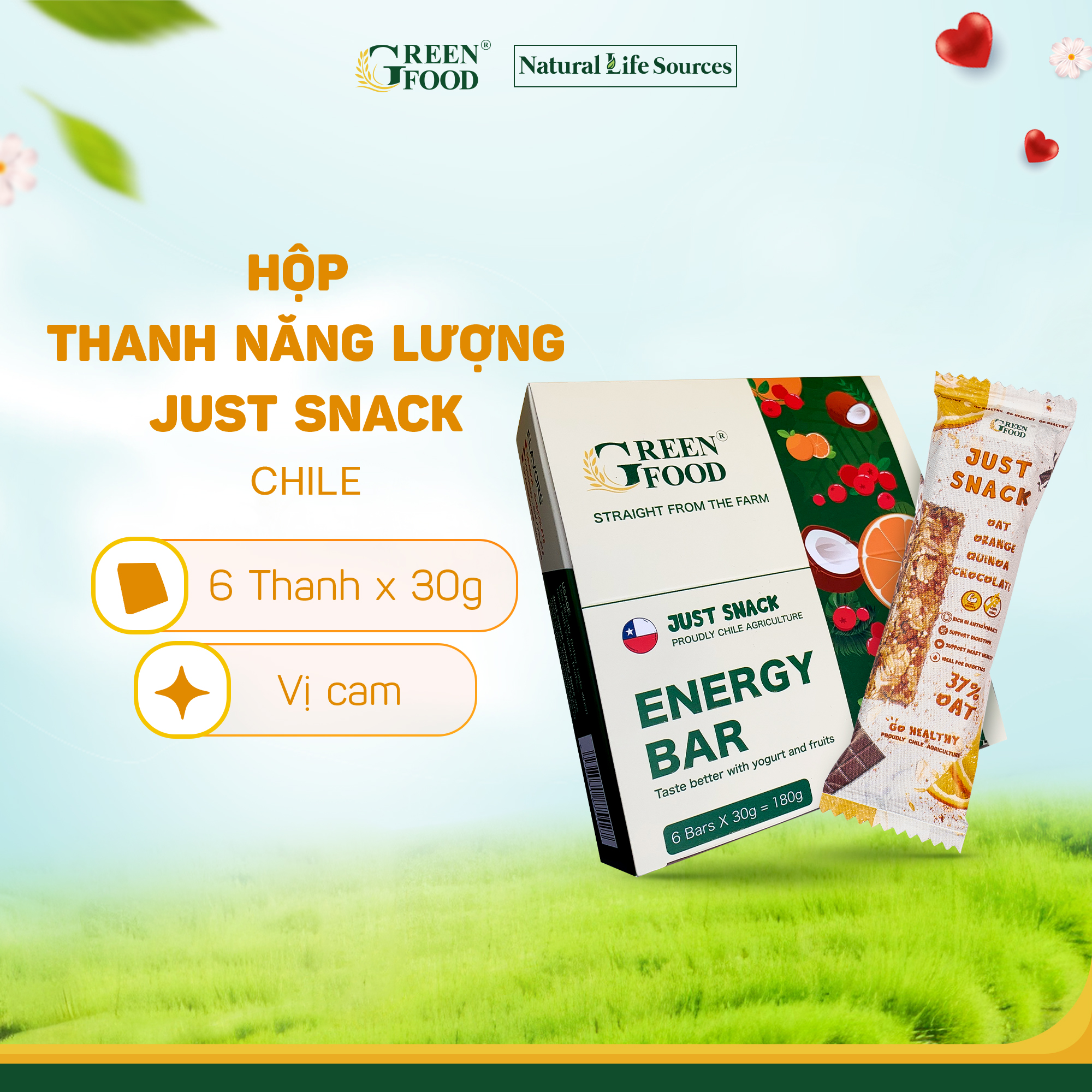 Hộp 6 Thanh Năng lượng JUST SNACK Ngũ cốc yến mạch vị Cam | Hộp 6x30g/thanh - Nhỏ gọn, ăn liền tiện lợi, đầy đủ dinh dưỡng, nhập khẩu Chile.