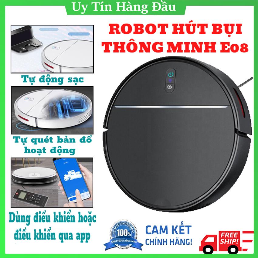 Robot Hút Bụi Lau Nhà Cao Cấp E08, Máy Hút Bụi Thông Minh, Robot Hut Bui Nhập Khẩu Đức, Điều khiển qua app điện thoại hoặc điều khiển, lực hút mạnh, cảm biến chống rơi vỡ