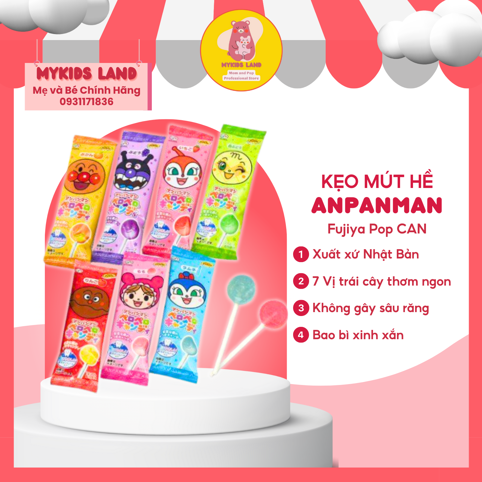 1 cây kẹo mút chú hề anpanman fujiya pop can vị trái cây nhật bản không sâu răng cho bé