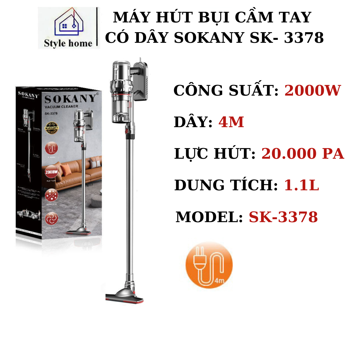Máy hút bụi cầm tay gia đình SOKANY CÓ DÂY công suất lớn tới 2000W tặng bộ đầu hút bụi dễ dàng hút bụi ghế sofa và ngóc ngách nhỏ trong gia đình