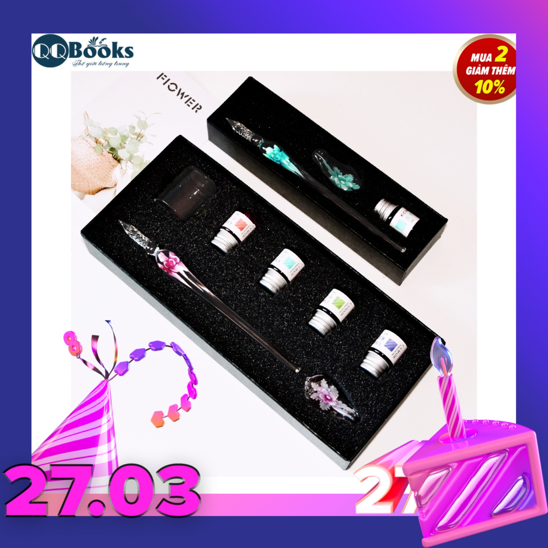 Bút lông thư pháp Thủy Tinh Pha Lê - Luyện viết tiếng trung, tập viết chữ hán, tập viết thư pháp chữ hán, luyện chữ đẹp, bút đẹp, bút giá rẻ + 4 Lọ Mực + 1 gá bút + 1 cốc pha mực + 1 Hộp quà tặng