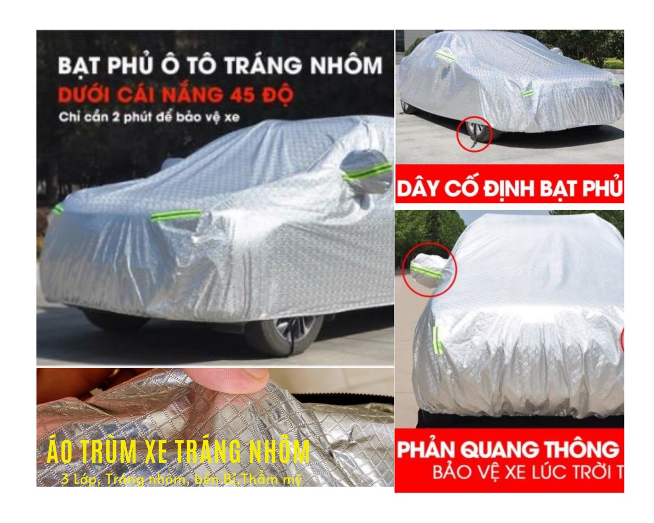 Áo trùm xe ô tô 3 lớp TRÁNG NHÔM cách nhiệt chống mưa nắng chống xước chống bụi bẩn, Có đủ kích thước cho các loại xe ô tô - Bạt trùm xe ô tô tráng nhôm