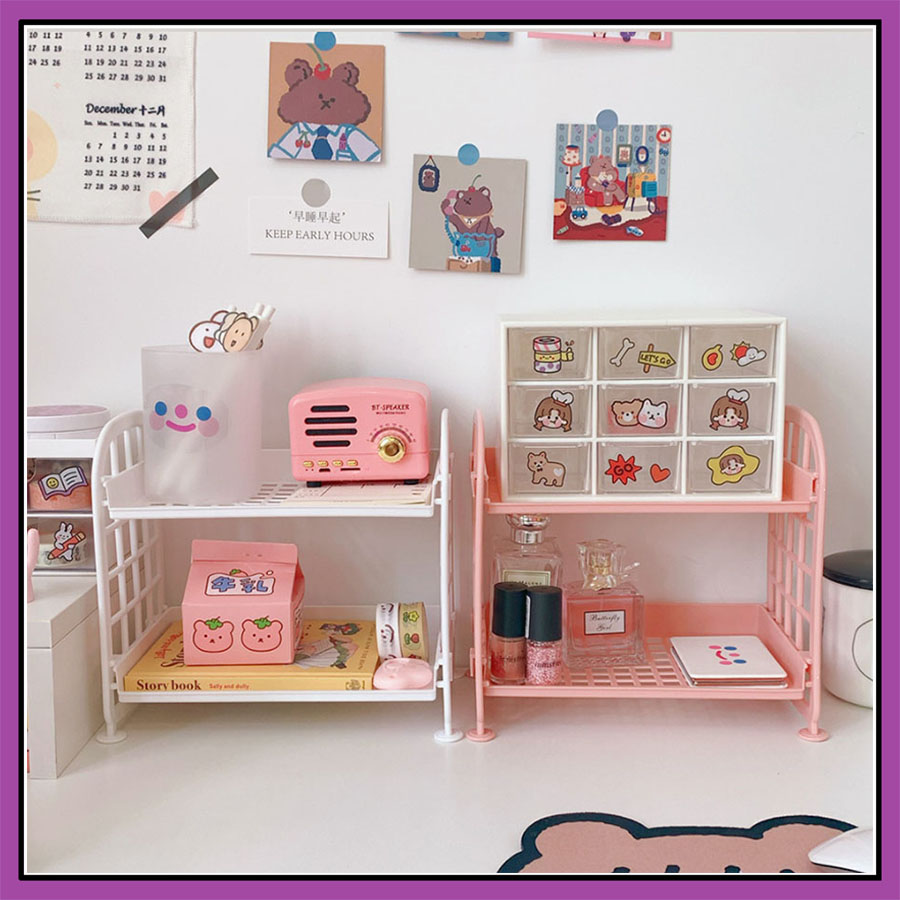Kệ nhựa để bàn mini 2 tầng tiện dụng, giá đựng đồ dùng nhỏ gọn dễ thương, decor bàn học
