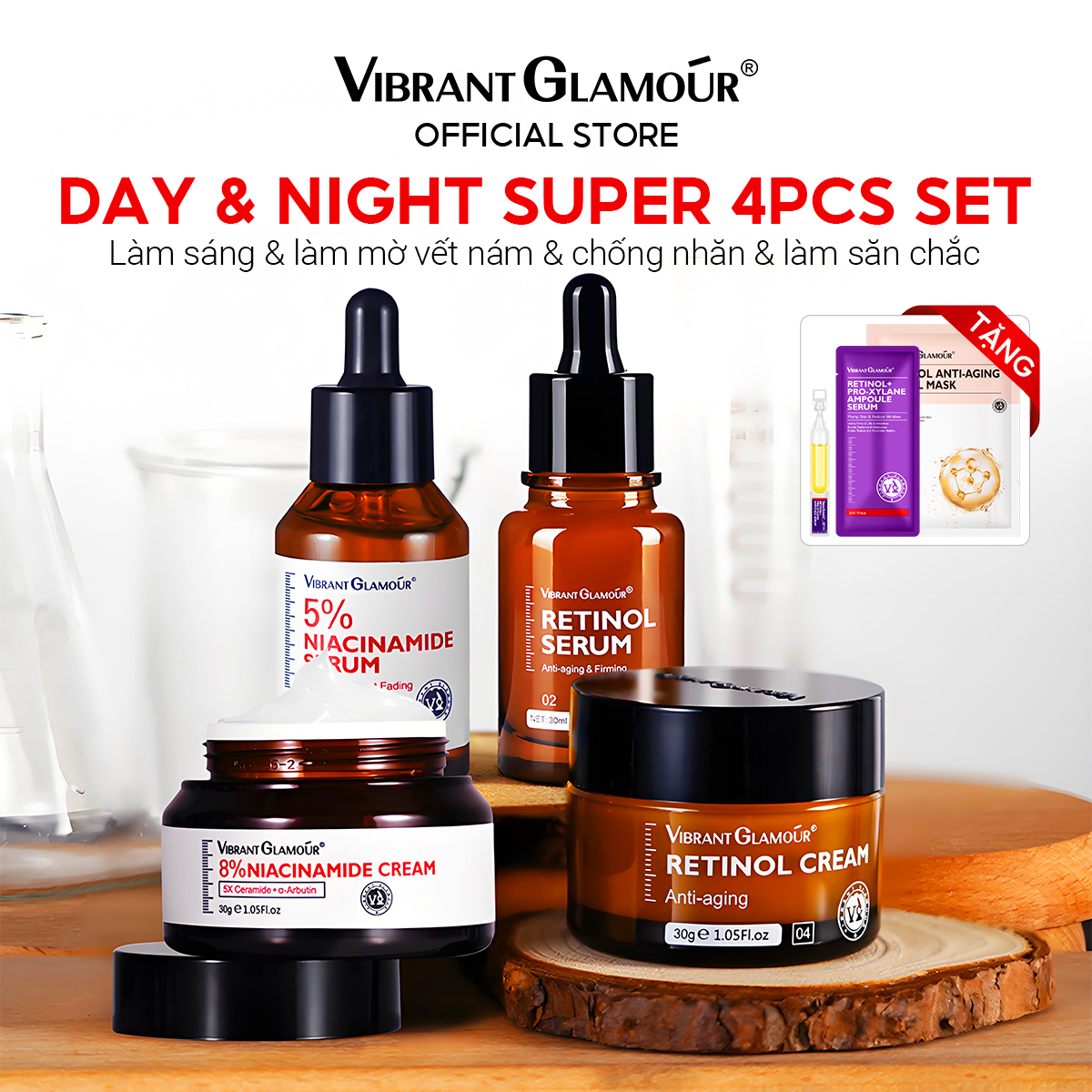 Niacinamide 2%  + Retinol  1.5% Bộ Sáng & Đêm 4PCS VIBRANT GLAMOUR Bộ Chăm Sóc Da Đơn Giản Ban Ngày & Ban Đêm Làm Trắng Da & Giảm Thâm Nám & Chống Lão Hóa 30ml× 2 +30g ×2