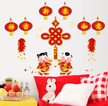 Decal trang trí tết - lồng đèn đỏ và tiểu đồng tử