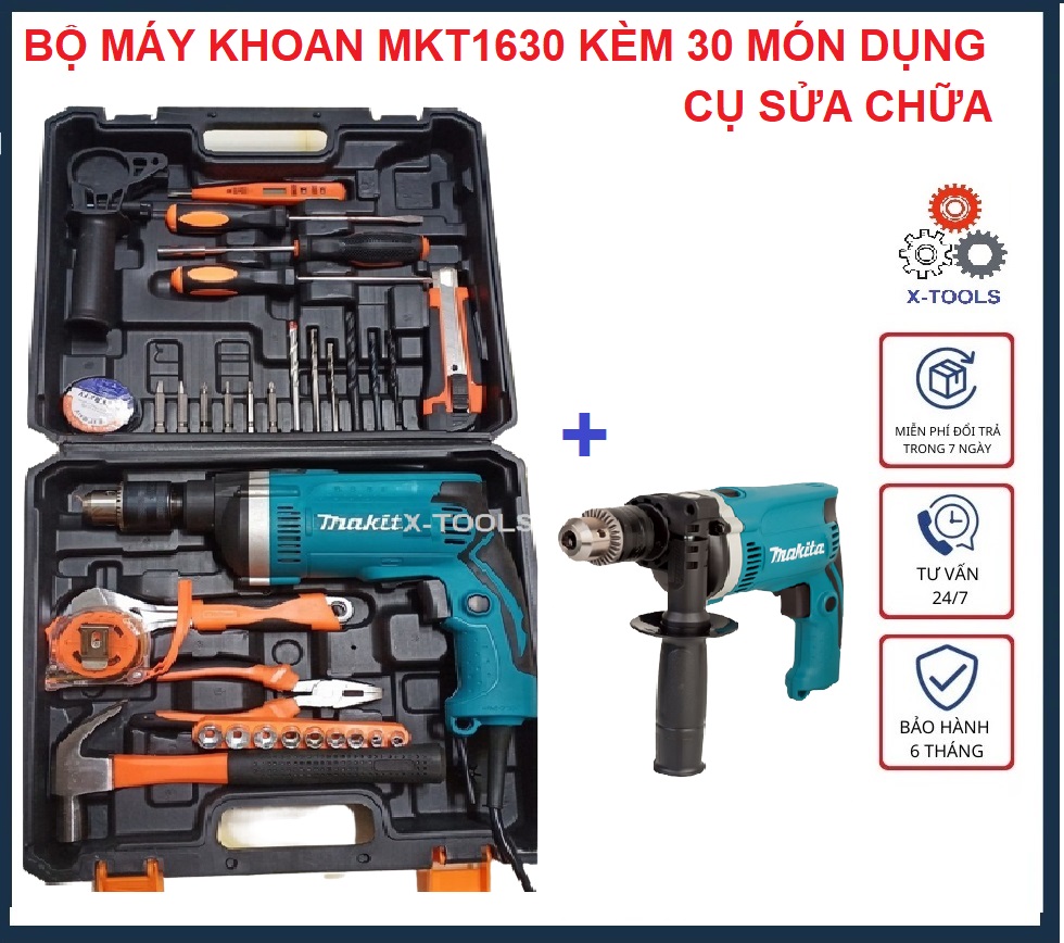 Vali máy khoan búa hai chức năng MKT1630  710W motor đồng kèm 30 món dụng cụ sửa chữa, bộ máy khoan điện cầm tay, máy khoan điện 220V , máy khoan có búa