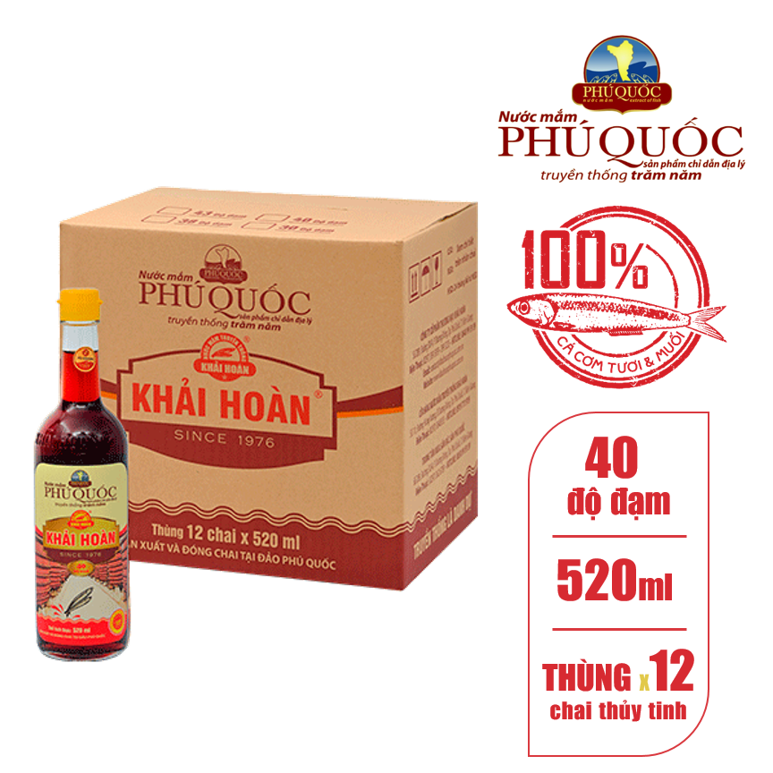 Thùng 12 chai 520ml nước mắm khải hoàn 40 độ đạm