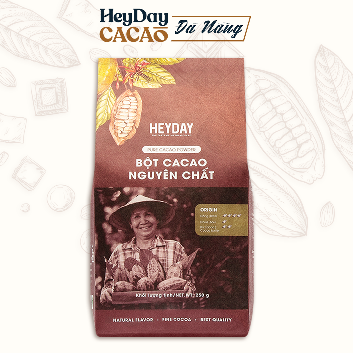 Bột cacao nguyên chất 100% Heyday - Dòng Origin thượng hạng 18% bơ cacao tự nhiên - Túi 250g - Phù hợp chế độ ăn kiêng KETO, Low-Carb, DAS - Không đường, không phụ gia, không hương liệu - Chuẩn UTZ Quốc Tế