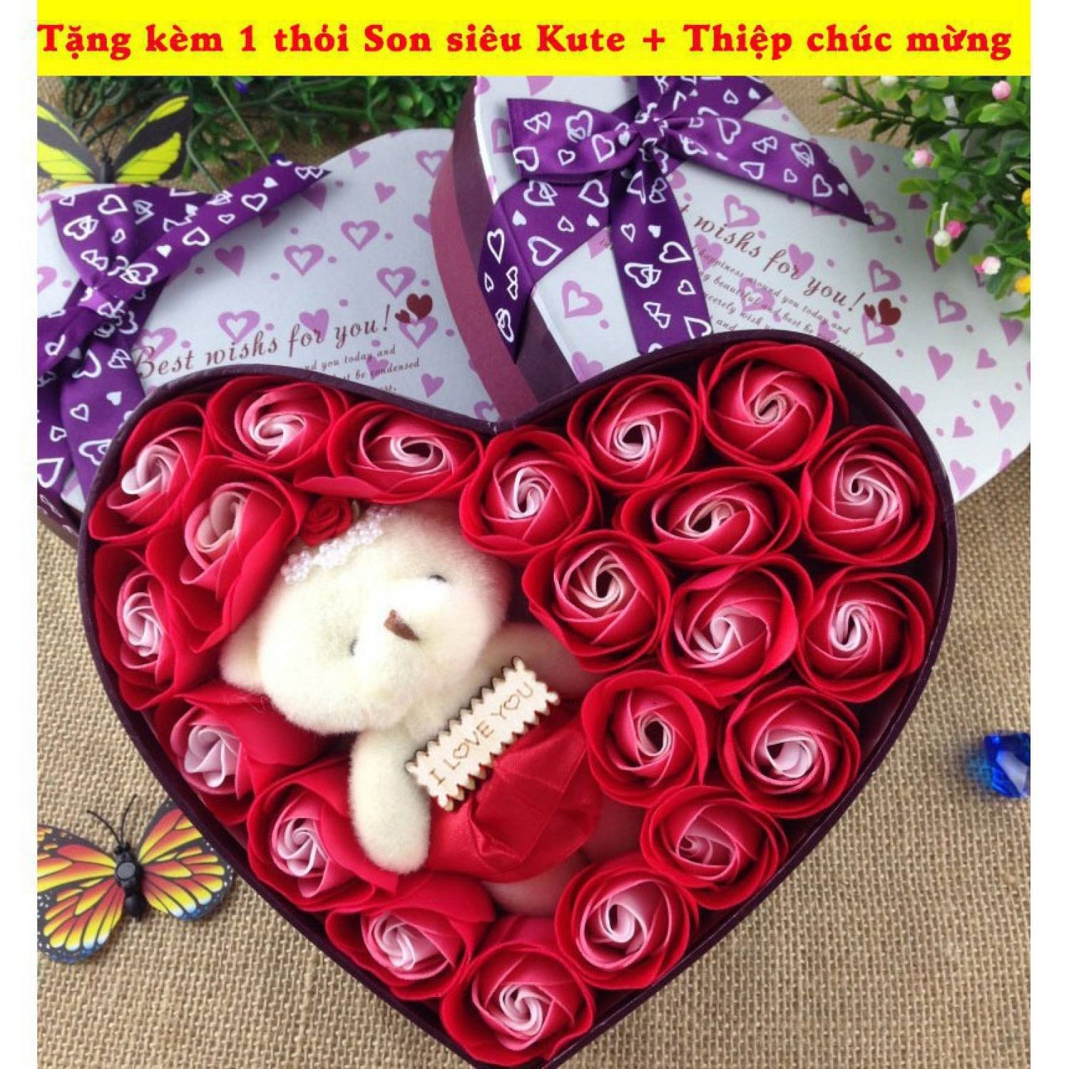 Quà tặng bạn gái 8/3 14-2 - Hộp Hoa Hồng Sáp Thơm Trái Tim 20 Bông + gấu - MÀU ĐỎ LÃNG MẠNG - tặng kèm 1 THỎI SON + THIỆP