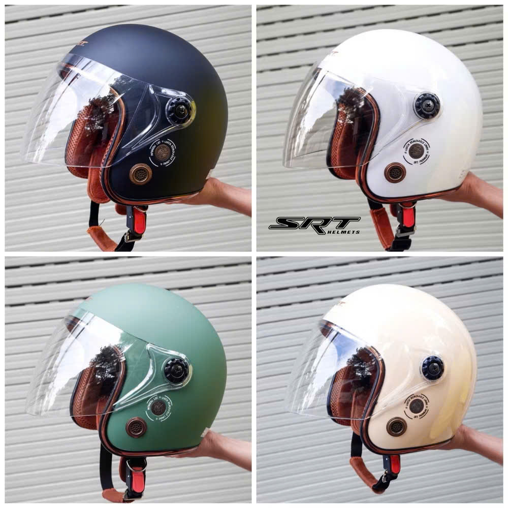 Mũ bảo hiểm 3/4 đầu có kính, lót nâu viền đồng cao cấp SRT A34