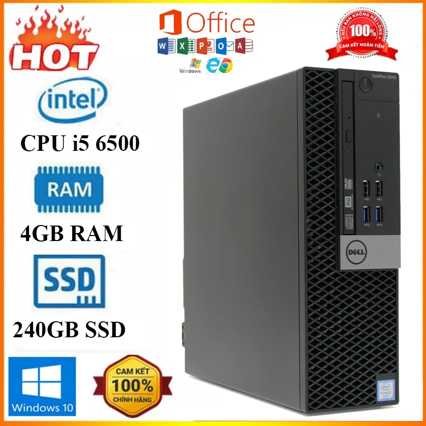Case Máy Tính Để Bàn, Máy Tính Văn Phòng DELL 3040 CPU i5 6500 Ram 4GB, SSD 240GB, Máy Tính Đồng Bộ, Bộ Máy Tính Cho Văn Phòng, Học Tập, Live Stream Tặng USB thu Wifi và bàn di chuột, Bảo hành 12 tháng