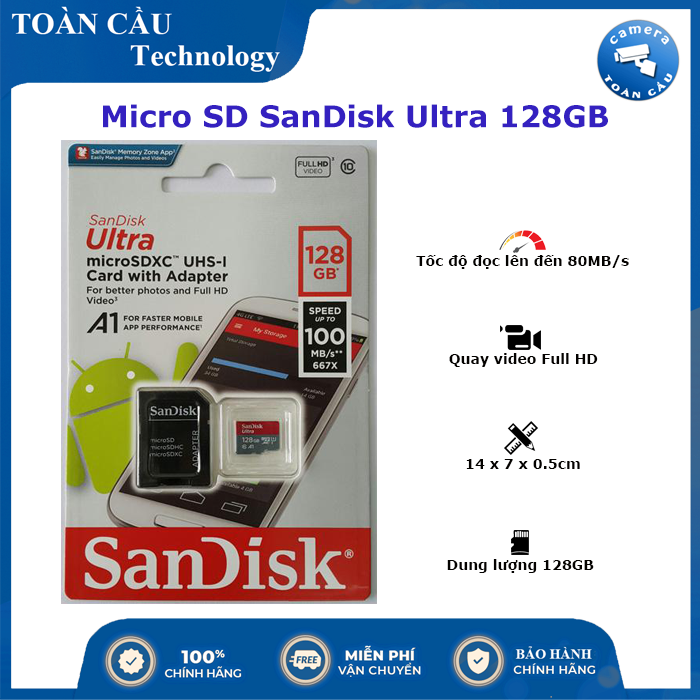 [100% CHÍNH HÃNG] Thẻ nhớ Micro SD SanDisk Ultra 128GB Class 10 - Quay Video Full HD - Camera Toàn Càu