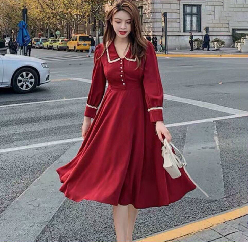 Đầm Váy Nữ Xòe Tay Dài Đính Nút Chạy Viền ( Đỏ , Đen ) Thiết Kế Sang Chảnh Đi Làm Công Sở, Đi Chơi Du Lịch Cực Xinh Đẹp Beta Fashion, Free Size (40-55) Ký Mặc Vừa Nha