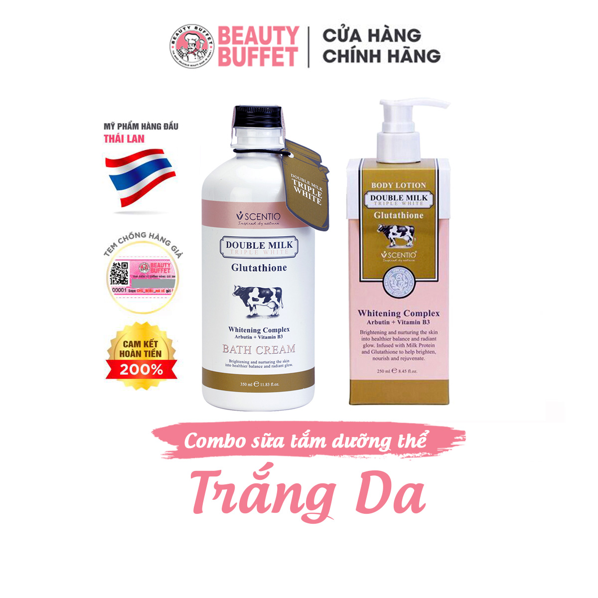 Combo Sữa tắm 350ml + Dưỡng thể trắng da Beauty Buffet Scentio Double Milk Triple White 250ml