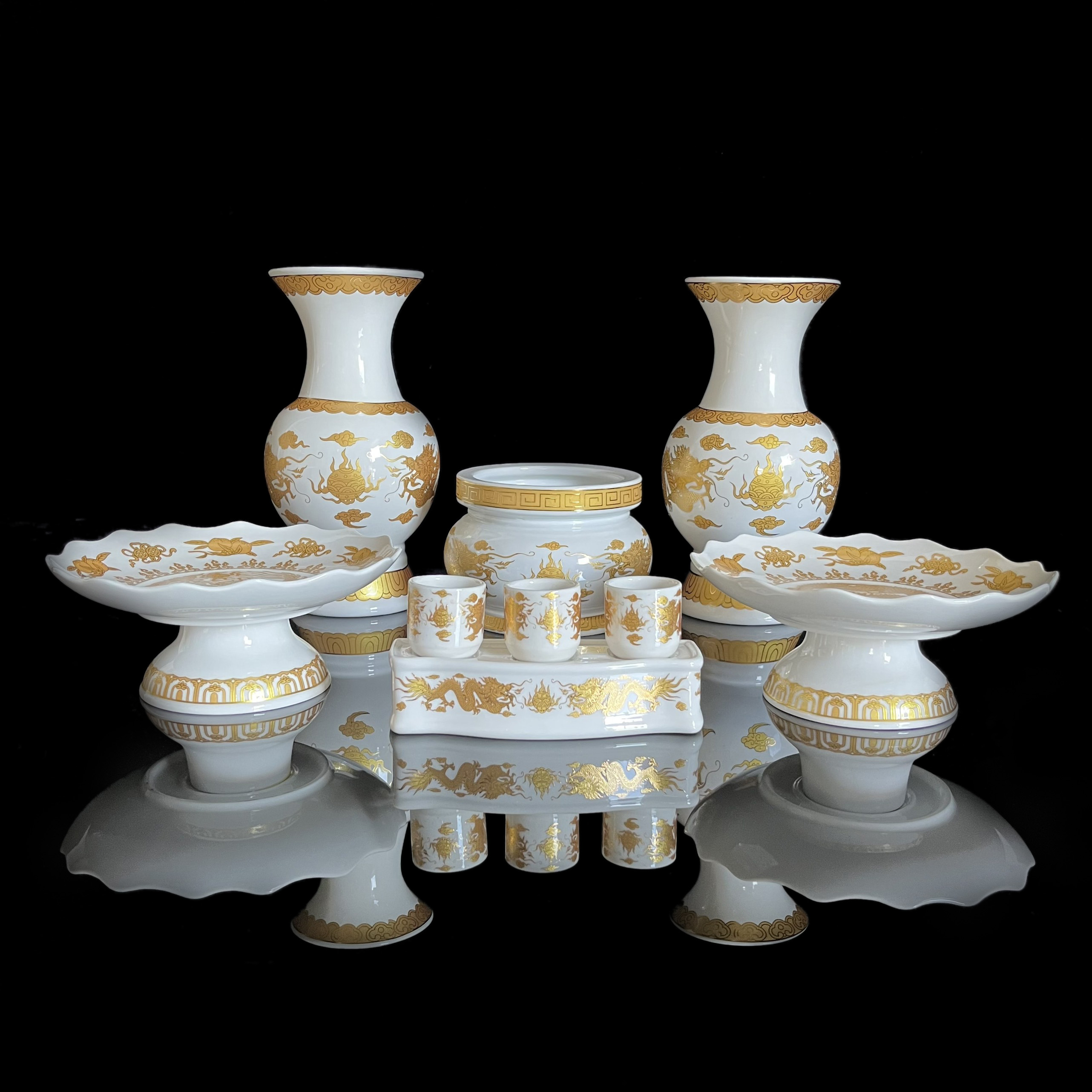 Bộ Thờ Cúng 2128 Bình , Lư , Dĩa, Chun , Án Rồng Trắng Bằng Sứ Cao Cấp - Phật Giáo Tường Thuận