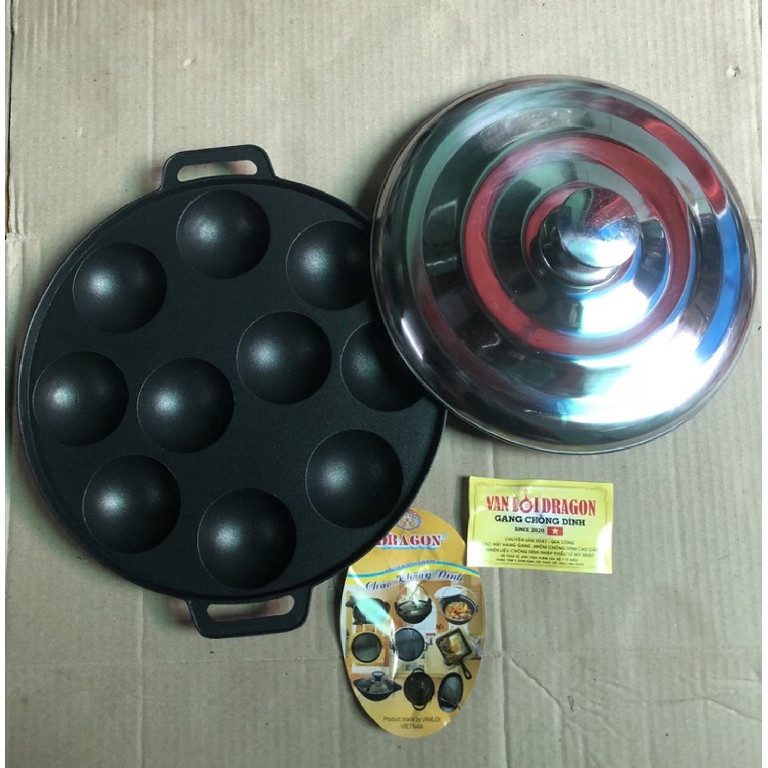 Khuôn bánh khọt gang chống dính nấp inox hãng Vạn Lợi hàng đẹp sắc xảo