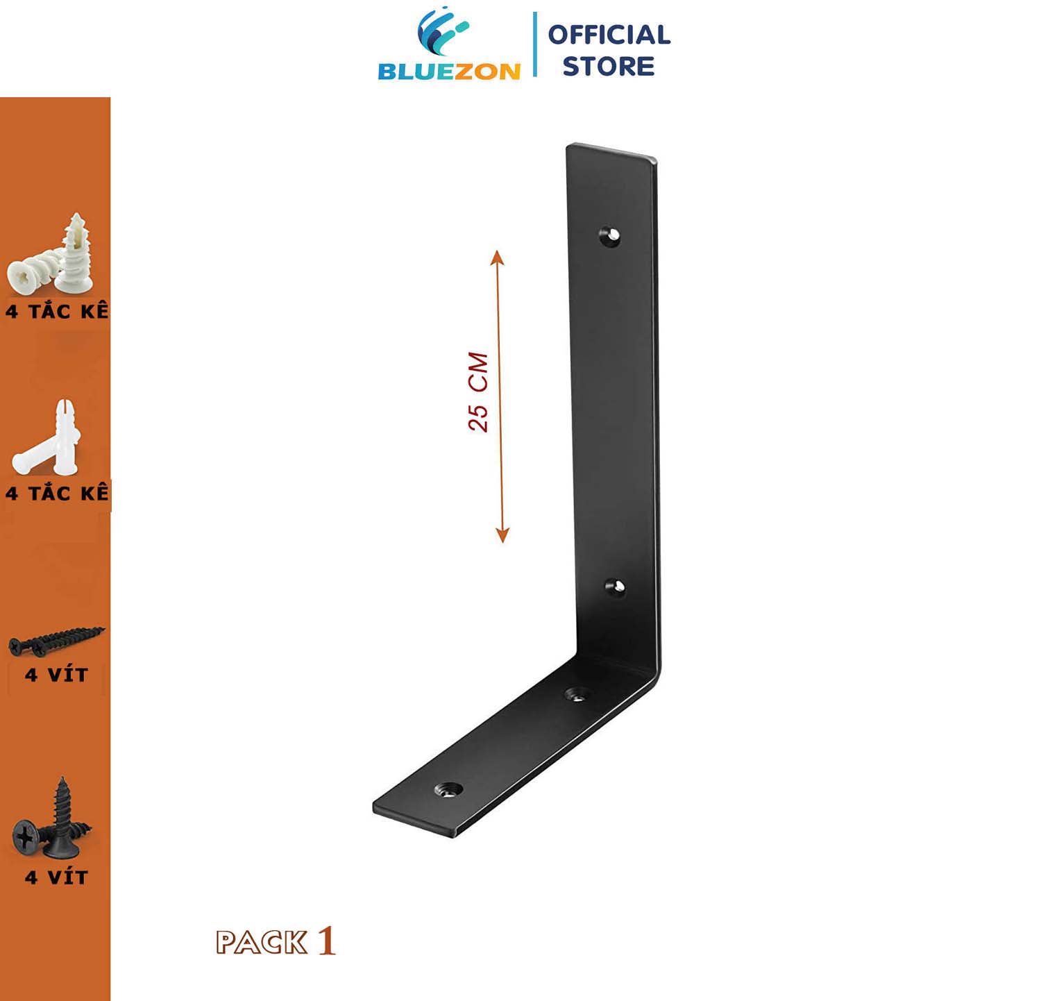 1 giá đỡ chữ L 25cm ke bàn treo tường bằng thép phủ sơn tĩnh điện, kèm phụ kiện vít tắc kê
