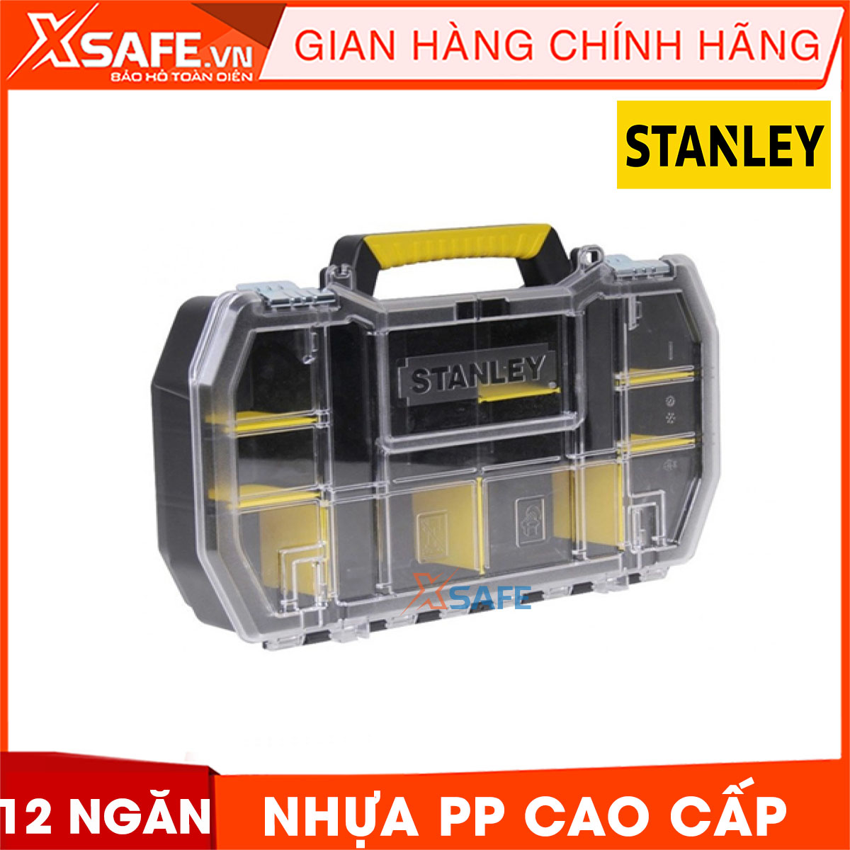 Hộp dụng cụ STANLEY STST1-70736 12 ngăn. Hộp đựng dụng cụ Stanley chất liệu nhựa, hộp đựng mỏng nhẹ có tay xách, sử dụng tiện lợi và có nhiều ngăn chứa, có móc khóa kim loại chắc chắn