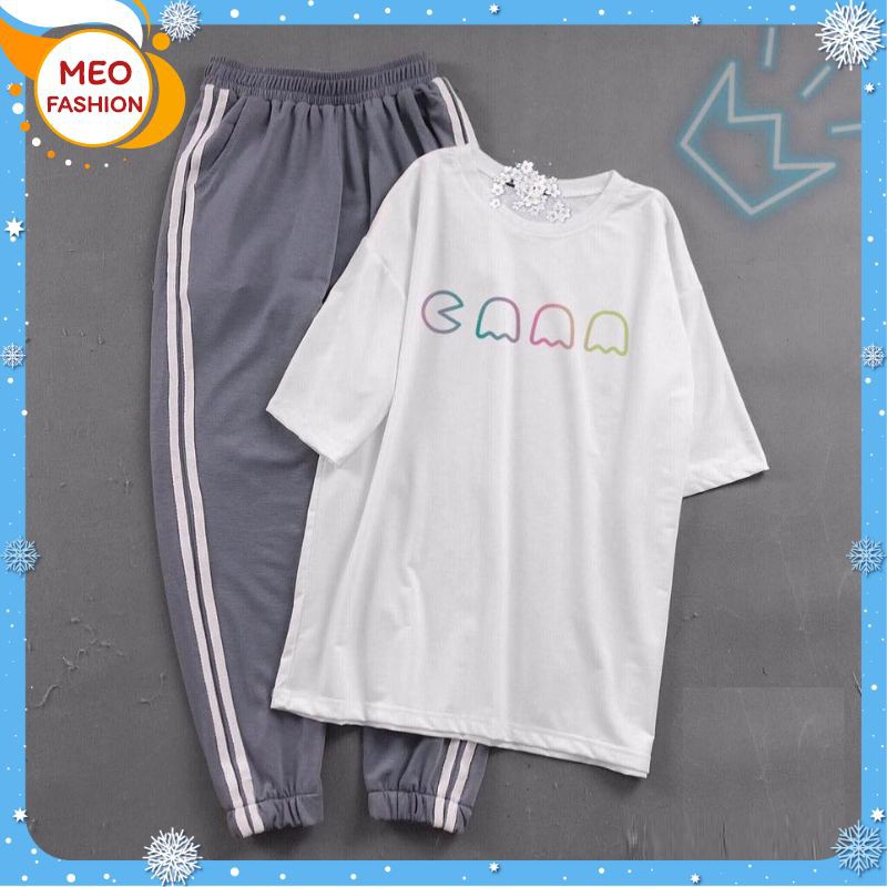 [HAN HAN SHOP 195] Sét Bộ Đồ Nữ Xinh Cute, Áo Thun Phông Trắng Cotton Organic Ngắn Tay Cổ Tròn In Ngựa Cầu Vồng+Quần Thun Sọc Bo Gấu