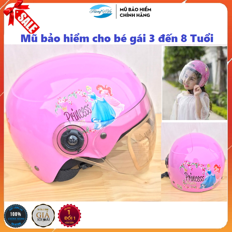 nón bảo hiểm cho bé gái 3 tuổi /4 tuổi /5 tuổi /6 tuổi /7 tuổi /8 tuổi-dưới 35kg -hình công chúa, mũ bảo hiểm cho bé gái có kính màu hồng, xanh -chính hãng an toàn-  Huongviva