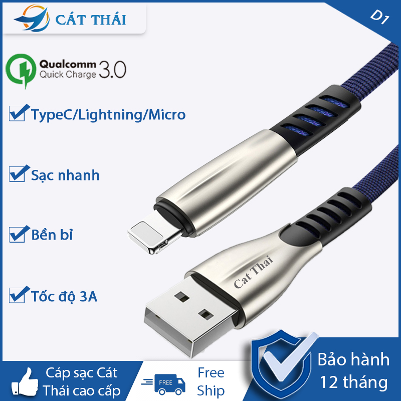 Cáp sạc nhanh iPhone Cát Thái chất liệu dây dù độ bền cao phù hợp Samsung dây sạc nhanh 3A Micro/Type-C/Lightning đầu cáp hợp kim nhôm cứng cáp thích hợp OPPO Xiaomi đa năng - D1