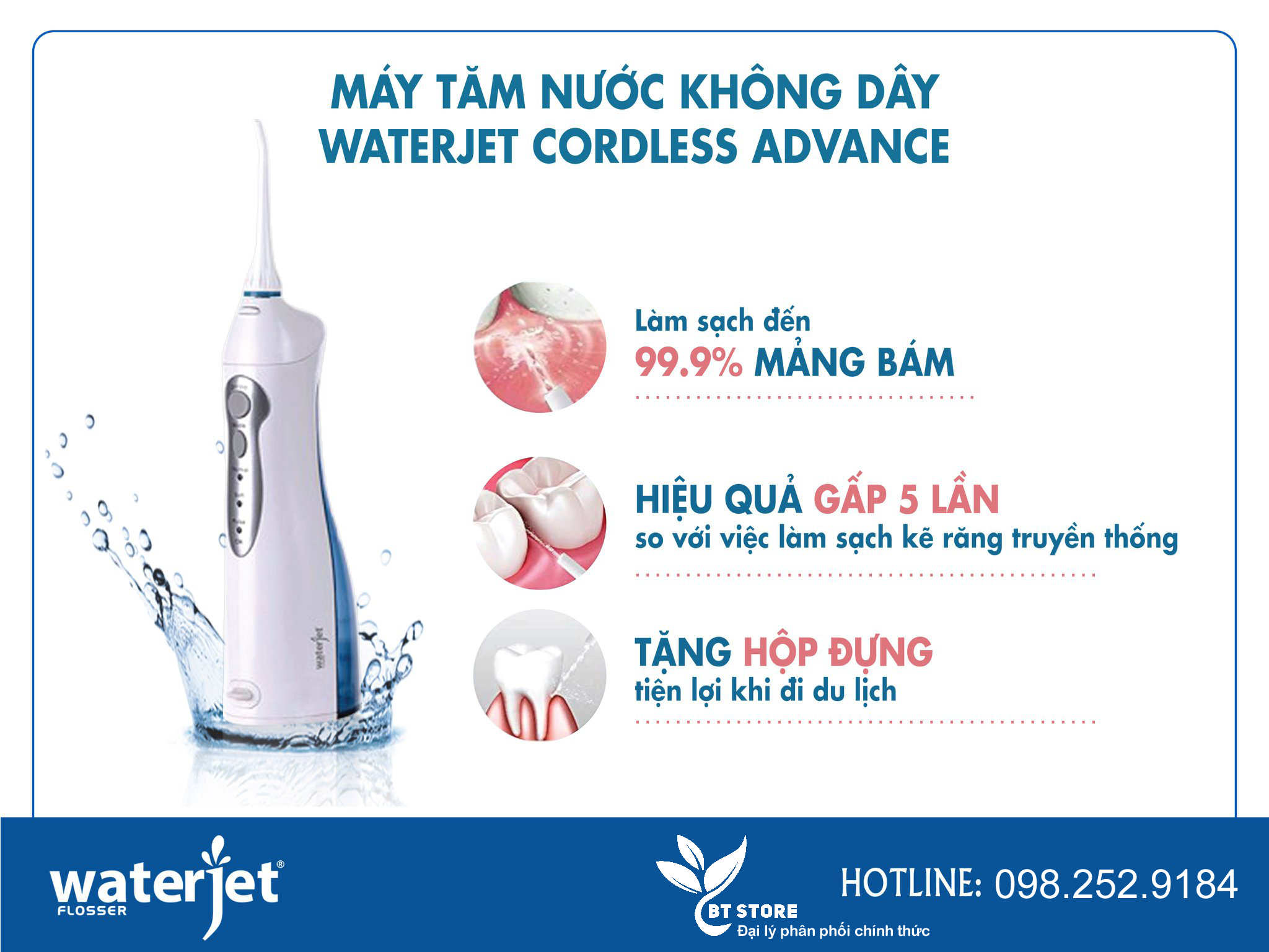 Máy tăm nước không dây WATERJET CORDLESS ADVANCED FLOSSER - Bảo hành chính hãng 12 tháng