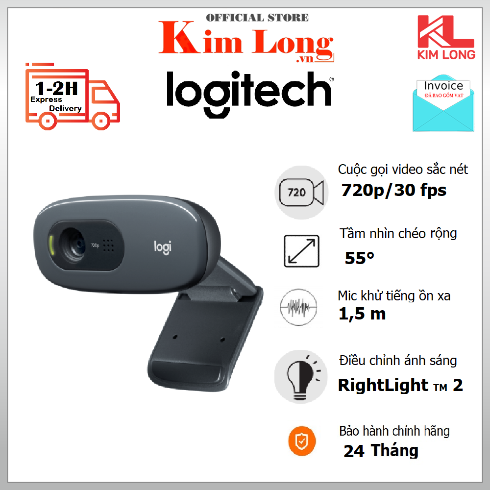 Webcam Logitech C270 HD - Gọi Video góc rộng, micro giảm tiếng ồn, tự động chỉnh sáng - Bảo hành chính hãng 2 năm