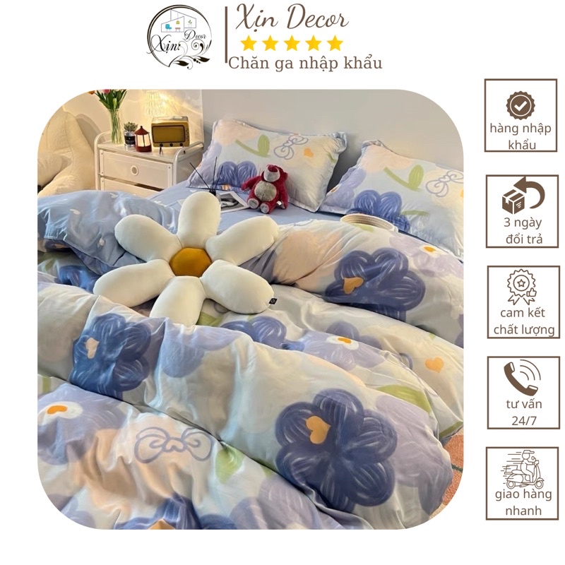 Bộ ga gối và vỏ chăn Cotton Poly nhập khẩu mẫu Hoa Cúc Tím Xịn Decor