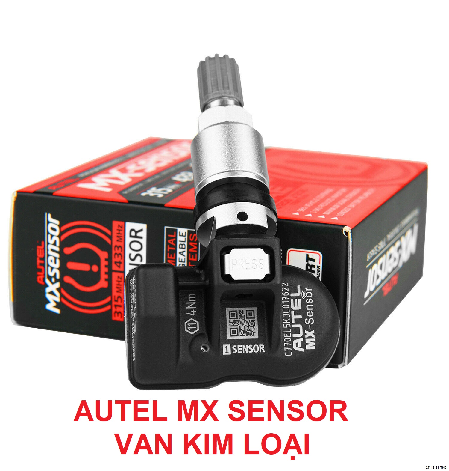 Cảm biến áp suất lốp trắng, chưa có dữ liệu tích hợp 2 tần số 315MHz, 433MHz - Cảm biến áp suất lốp Autel phiên bản Quốc tế, nhãn Tiếng Anh, dùng được cho hơn 80 hãng xe ô tô khắp thế giới - AUTEL MX SENSOR Van kim loại