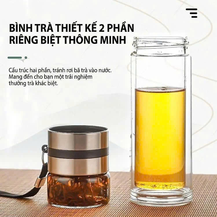 Bình Pha Trà Thủy Tinh Inox 2 Ngăn 350ml – Lọc Trà Thông Minh, Giữ Vị Trọn Vẹn, Thiết Kế Sang Trọng 2 Lớp Chịu Nhiệt Lõi Lọc Inox 304 Kèm Quai Xách Tiện Lợi