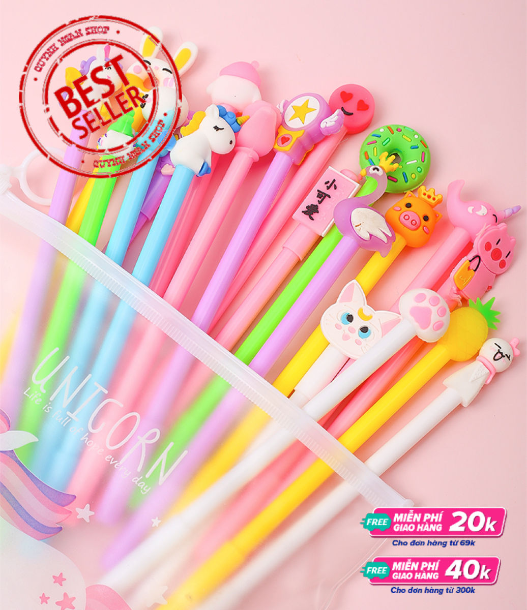 Set 20 bút bi nước cute nhiều màu nhiều mẫu kèm túi.10 bút nước có nhiều màu nhiều hình kute tặng kèm túi zip