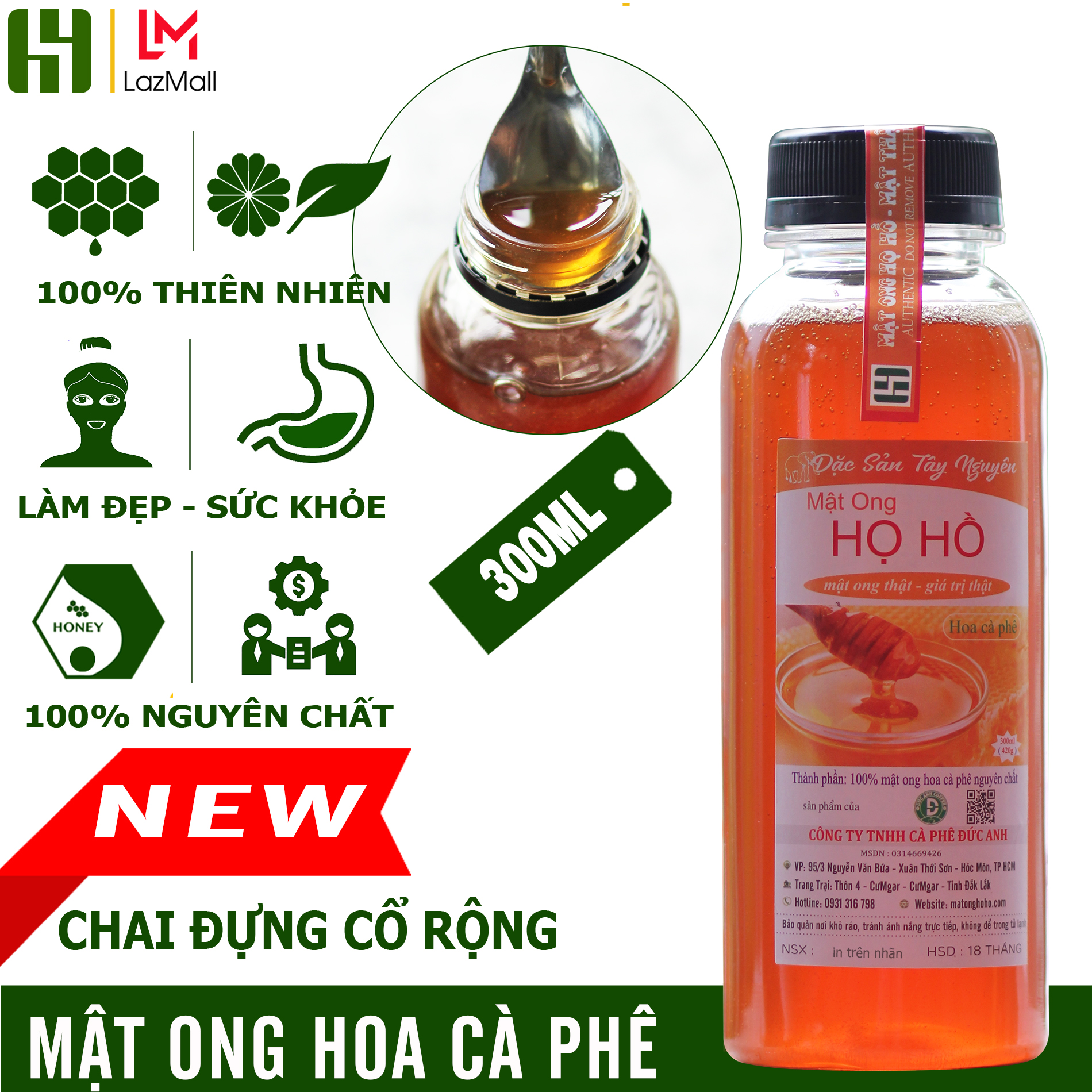 Mật Ong Hoa Cà Phê Nguyên Chất Họ Hồ chai 300ml - Hỗ trợ tăng cường sức đề kháng, làm đẹp - mật ông Họ Hồ - mật thật giá trị thật
