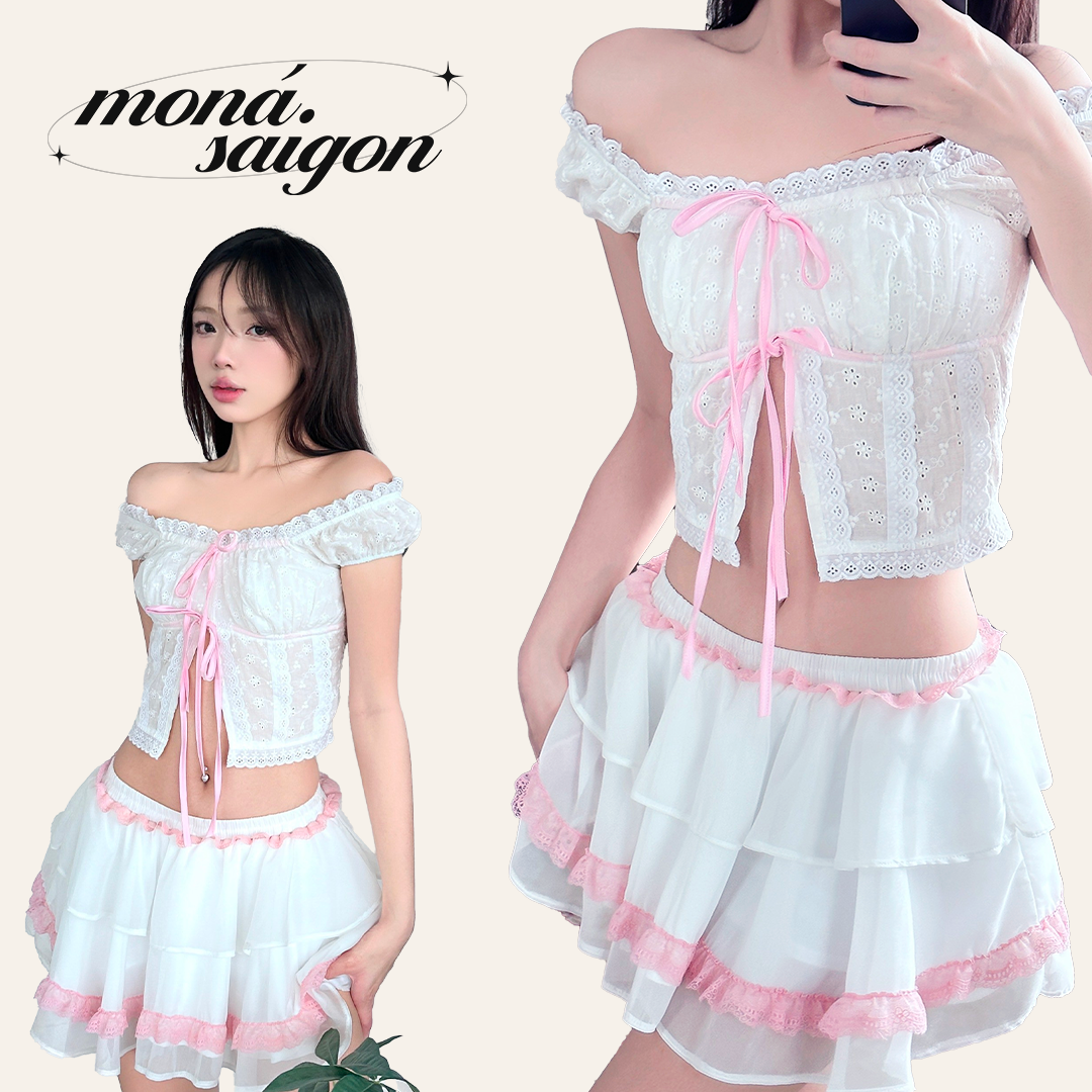 Chân váy xòe phối ren moná - selina
