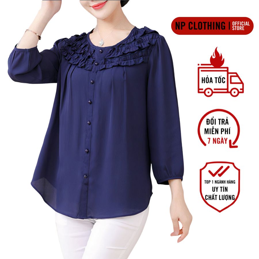Áo trung niên a355 mẫu áo trung niên nữ cho mẹ big size cổ viền bèo đính nút rất trang nhã | thời trang trung niên nữ np clothing u40