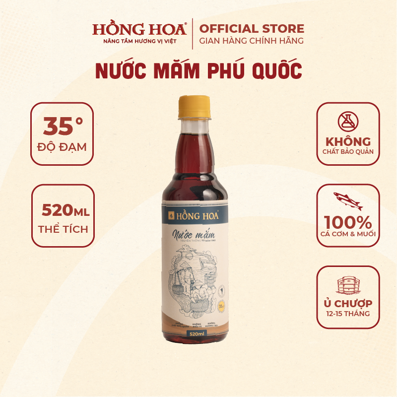 Nước mắm phú quốc hồng hoa 35 độ đạm 520ml, nước mắm nhĩ cá cơm truyền thống
