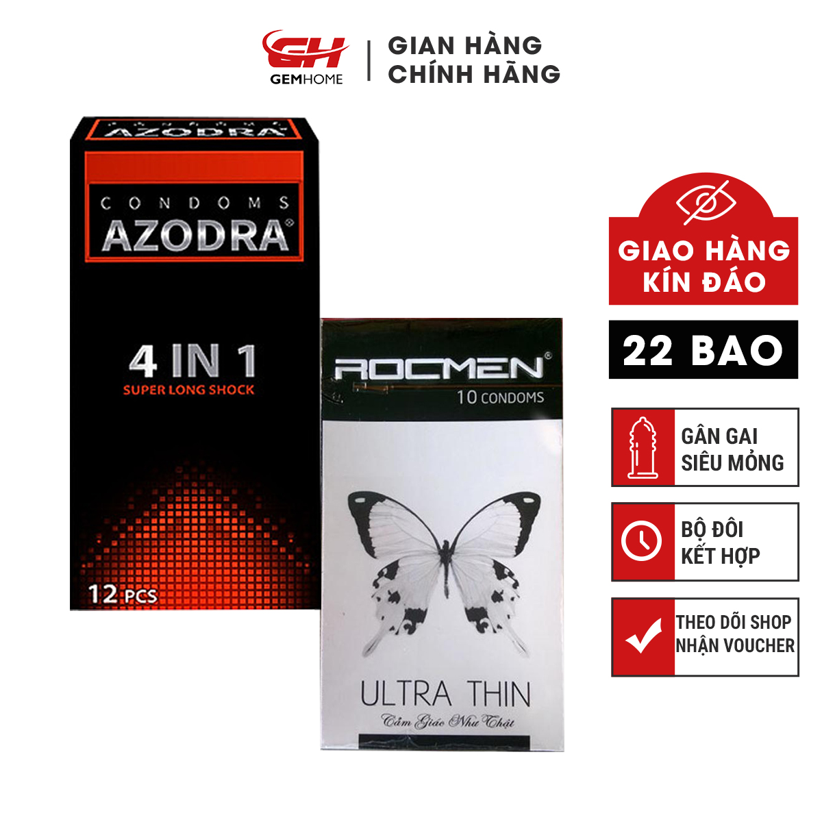 Bao cao su Azodra 4in1 Gân Gai và Bcs Rocmen trắng siêu mỏng GEMHOME