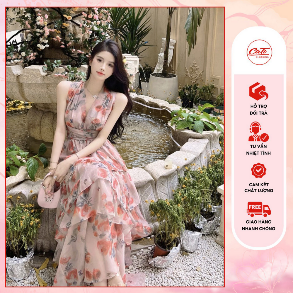 Cati đầm maxi hoa vàng 5 tầng siêu hot đi biển