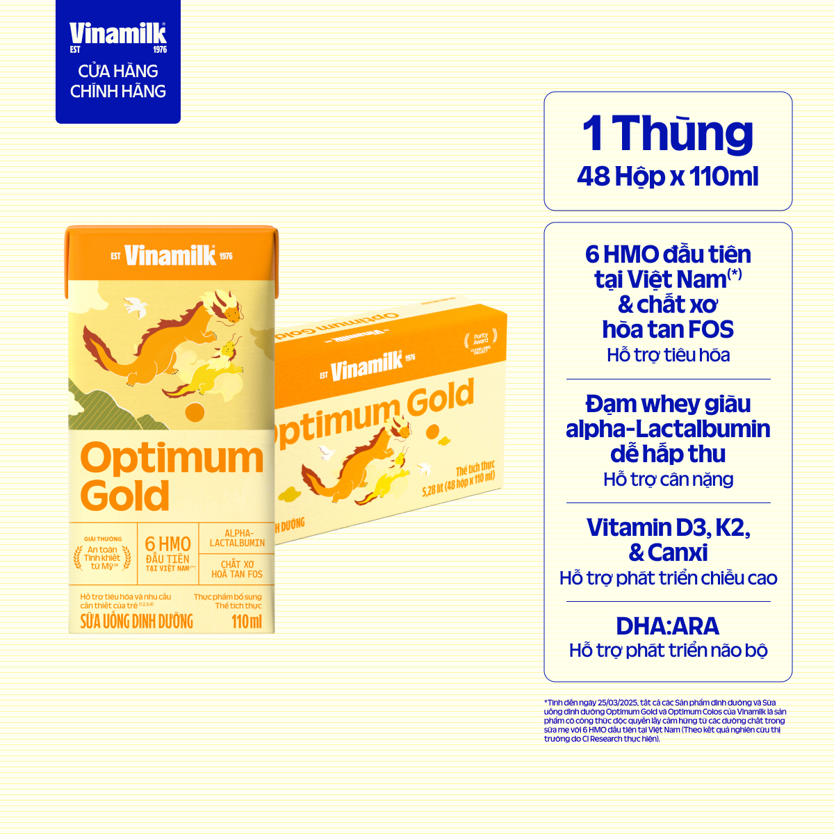 Thùng 48 hộp sữa bột pha sẵn Vinamilk Optimum Gold 110ml - Sữa nước hỗ trợ phát triển toàn diện, chất lượng quốc tế