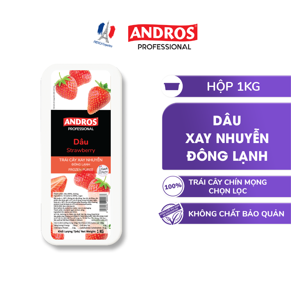 Dâu xay nhuyễn đông lạnh - không chất bảo quản - andros frozen puree - 1 kg