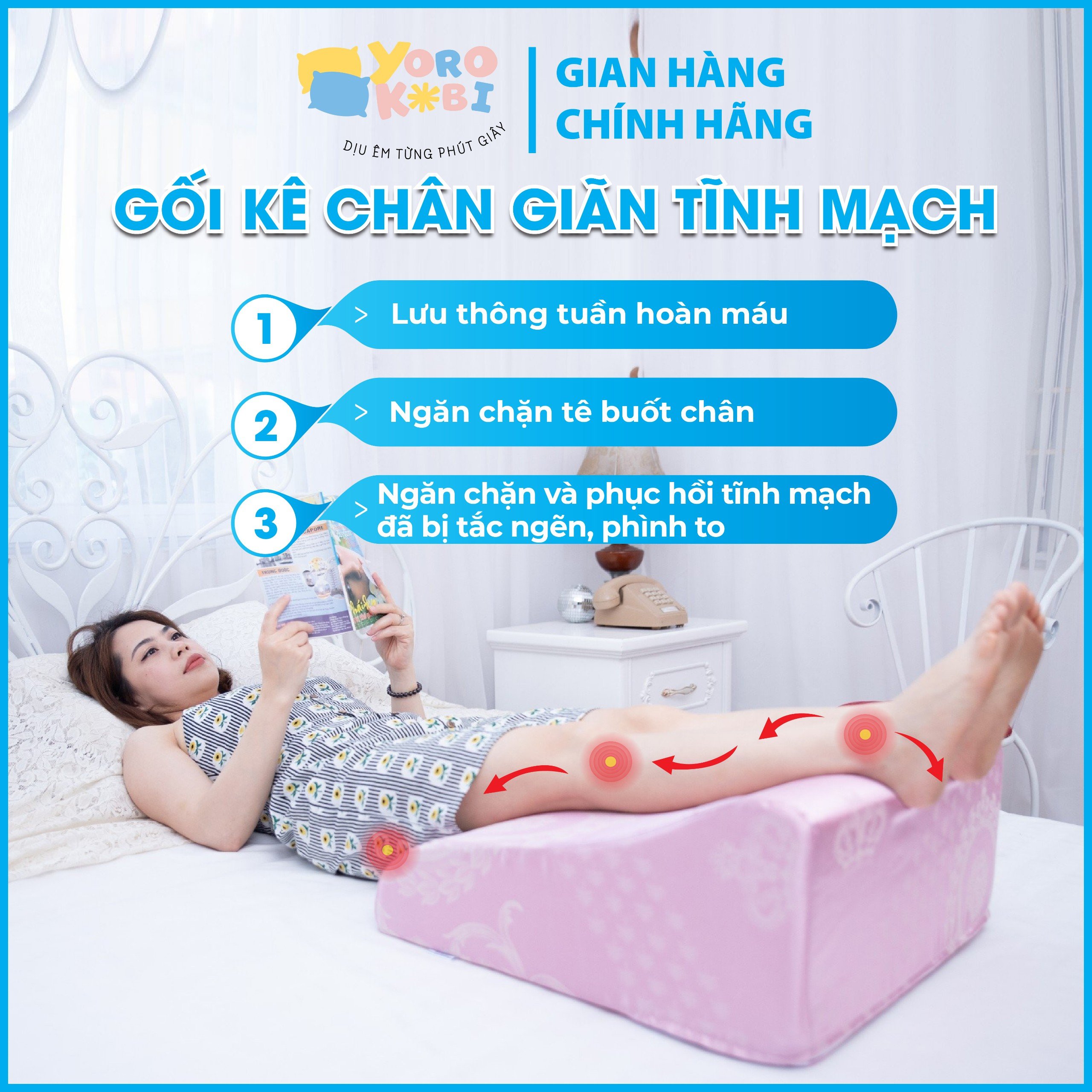 Gối điều trị giãn tĩnh mạch Yorokobi- Kích thước 62x49x28cm (cho người cao trên 1m60)- Hàng chính hãng