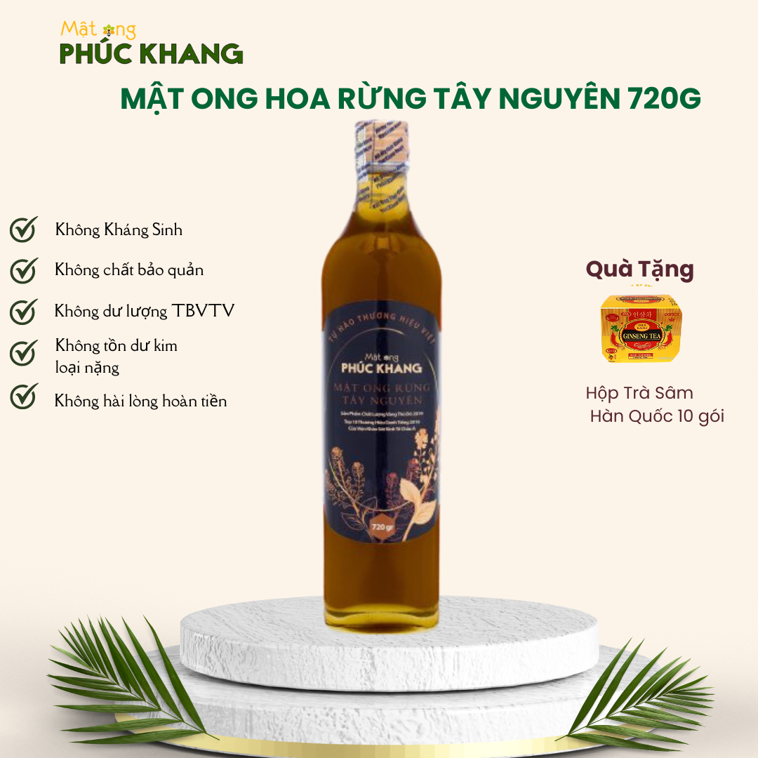 Mật Ong Rừng Tây Nguyên Phúc Khang chai 720G - Mật ông nguyên chất hữu cơ, tự nhiên, đạt chuẩn ISO 22000