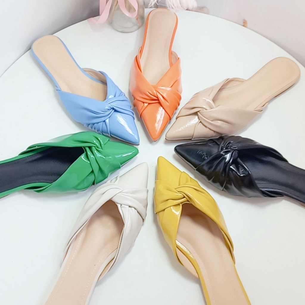 Sục búp bê nữ nhiều màu sắc trẻ trung mùa hè Giày đế bệt mùa hè kiểu xoắn nơ mũi nhọn mẫu mới